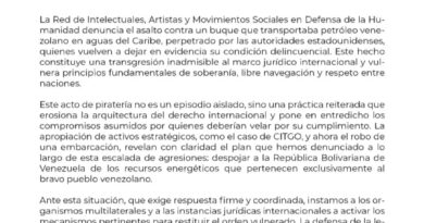 Red de Intelectuales y artistas en defensa de la humanidad rechaza robo de buque petrolero venezolano