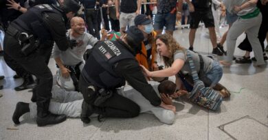 La Ertzaintza carga contra activistas de la Global Sumud Flotilla a su llegada al aeropuerto de Bilbao